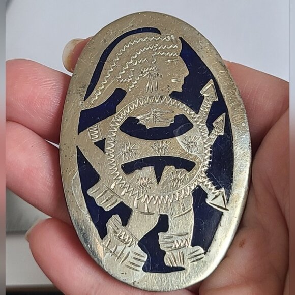 Vintage Boho Sterling Silver Lapis Lazuli Inlay Aztec Tribal Pendant Brooch Pin - Picture 2 of 9